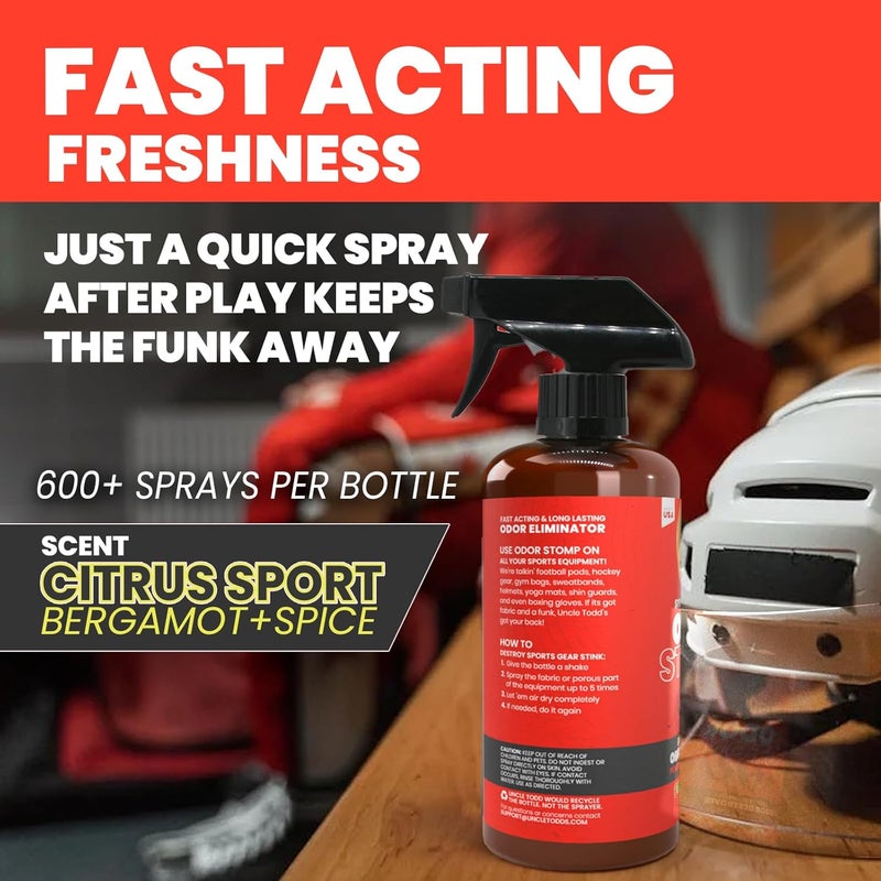 Uncle Todd's Uncle Todd’s Odor Stomp Sports Equipment Odor Eliminator Spray - Extra Strength Enzyme-Powered Deodorizer for Football, Hockey, Gym Bags, and Athletic Gear - Citrus Sport Scent - 16oz - Image 3